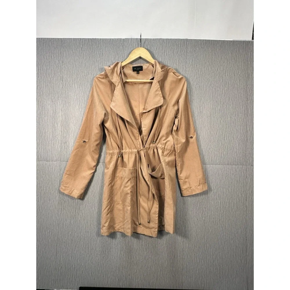 Be‎ Cool Utility Jacket Hood & Open Front Faux Suede Coat Adj Sleeves Size Small